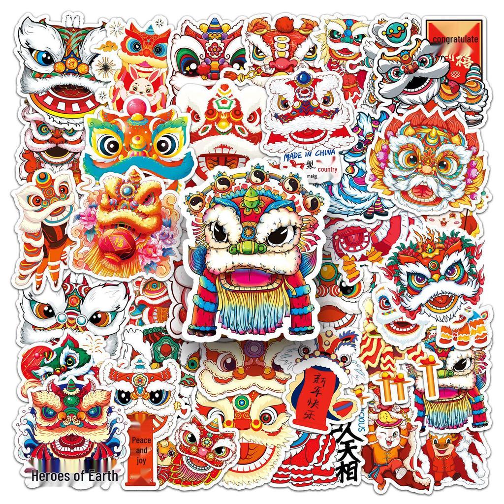 Lion Dance Journal Stickers: 50 Chinese Style Cartoon Animal Stickers for Kids, Waterproof Decorations for Phones and Computers.
