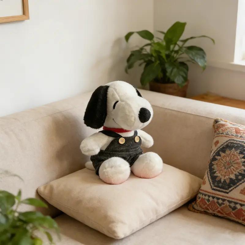 Snoopy Plush 25cm With Black Overalls, Tender And Soft