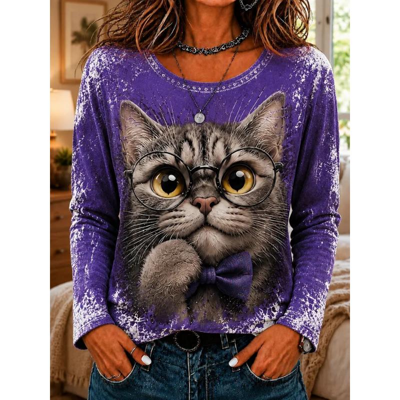Fashion Women's Crew Neck Long Sleeve 3D Casual Color Printing Casual Long Sleeve Crew Neck T-Shirt