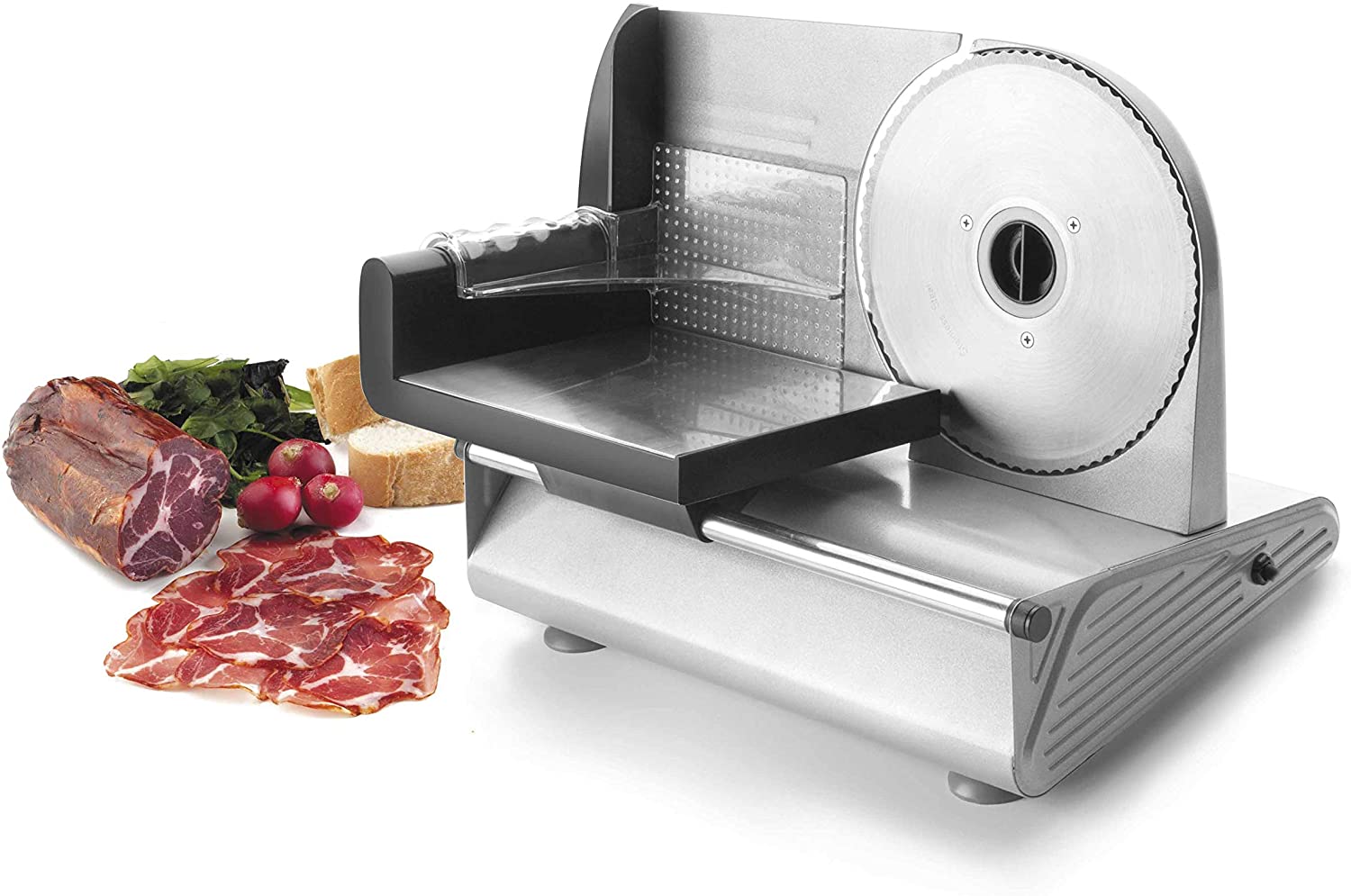 Lacor 69118 - Affettatrice elettrica. Vassoio in acciaio inossidabile. Testa regolabile.