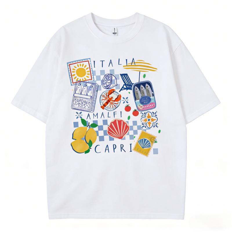 T-shirt Grafica Capri Italia Retro Divertente Camicia Vacanza Frutti di Mare Manica Corta Girocollo Top Casual Abbigliamento Donna Oversize