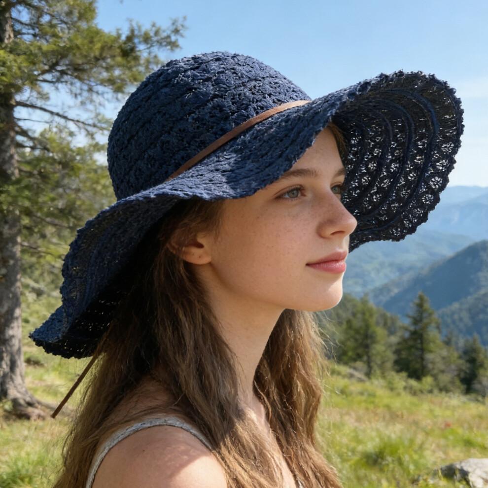 (Einheitsgröße, Blau) Damen Sommerstrohhut Eleganter Floppy-Hut mit breiter Krempe Strandkappe Leichter Spitzen-Sonnenhut