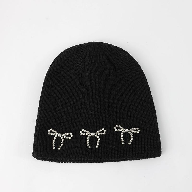 Blogger Pearl Bow Knitted Hat Women's Winter Solid Color Cold-proof and Warm Double-layer Ear Protector Wool Hat