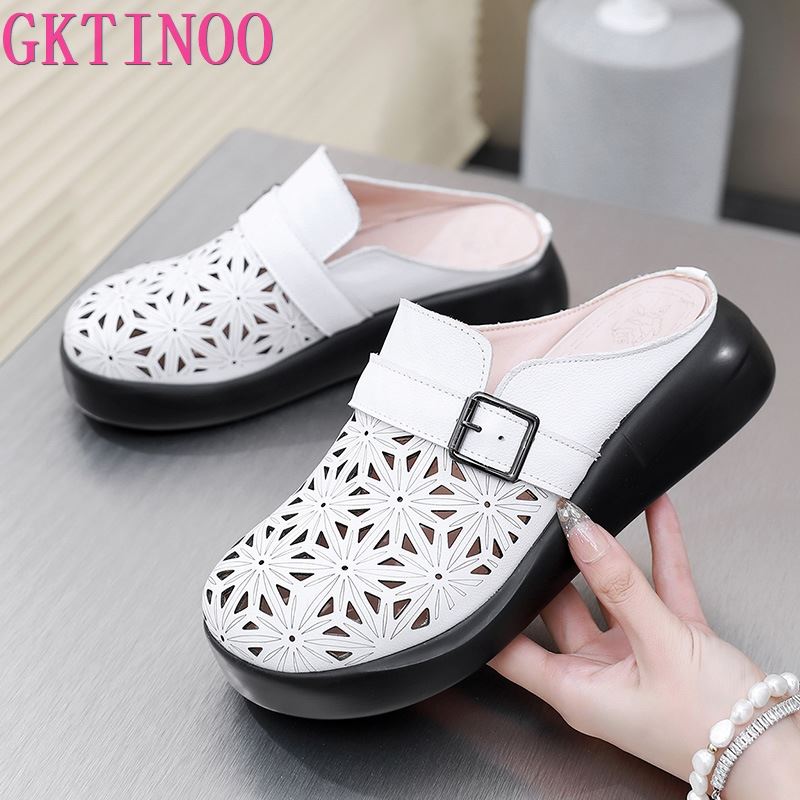 Fashion GKTINOO Roman Summer Mule Shoes Women Genuine Cow Leather Soft Sole Buckle Strap Female Sandal Slippers Handmade