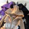 Zip Up Hoodie Women Loose Casual Long Sleeve Retro Embroidered Sweatshirt Autumn Winter Couple Fashion Devil Gothic