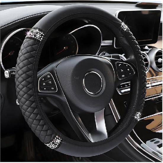 Bling Car Steering Wheel Cover, 15 Inch Rhinestones Soft Leather Elastic Steering Wheel Protector, Sparkly Crystal Diamond For Women Girls, Car