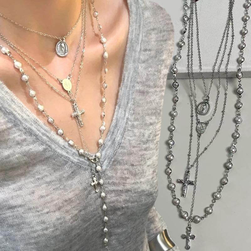 Gothic Punk Style Y2k Bead Cross Pendant Necklace Women's Multi-layer Retro Trendy Accessory Jewelry