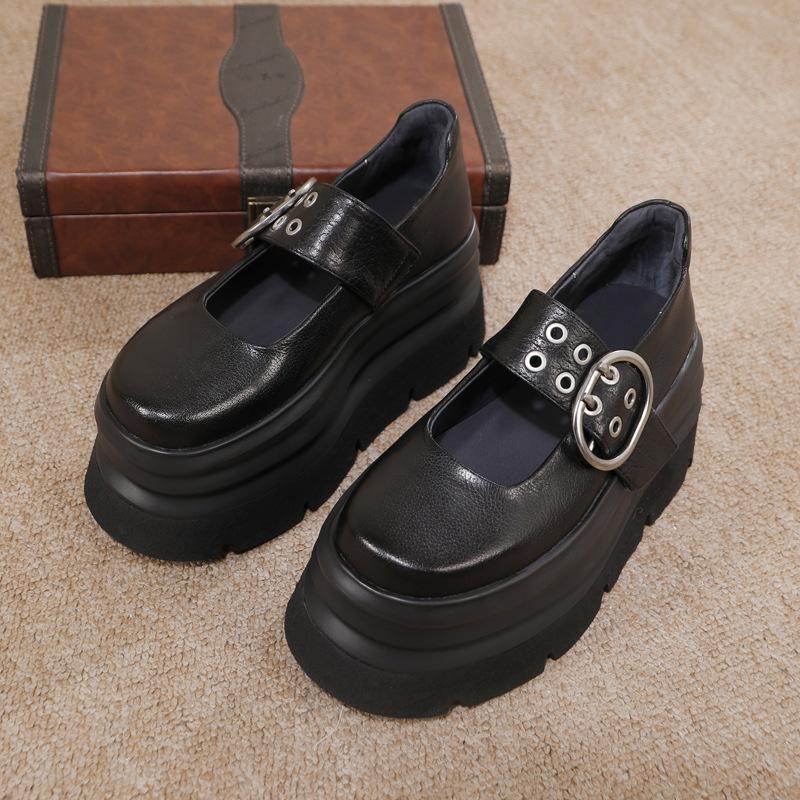 Johnature Vintage Thick Soled Shoes Round Toe Genuine Leather Versatile Four Seasons Women's Shoes