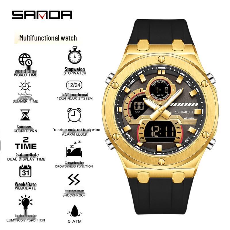 Sanda Trendy Multifunctional Waterproof Student Wristwatch with World Time Display