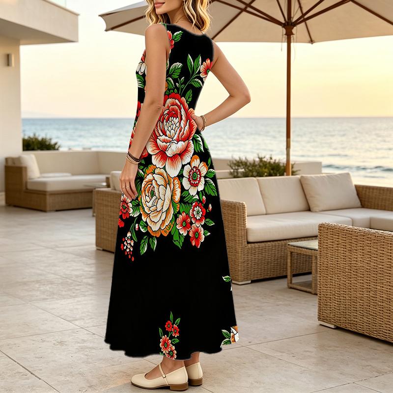 U-Neck Sleeveless Floral Print Maxi Dress Comfy & Versatile,Perfect for Daily Casual Wear & Vacation Travel Photos