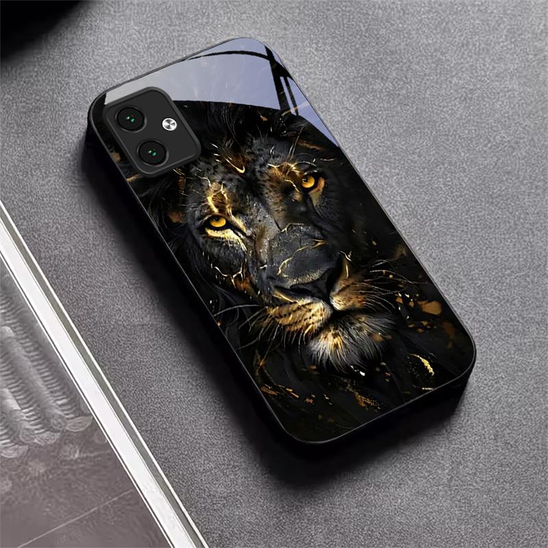Lion With Golden Black Glass Phone Case For Motorola Moto G14 G22 G24Power G24 G34 G35 G45 G54 G55 G75 G84 G85 Hard Black Cover