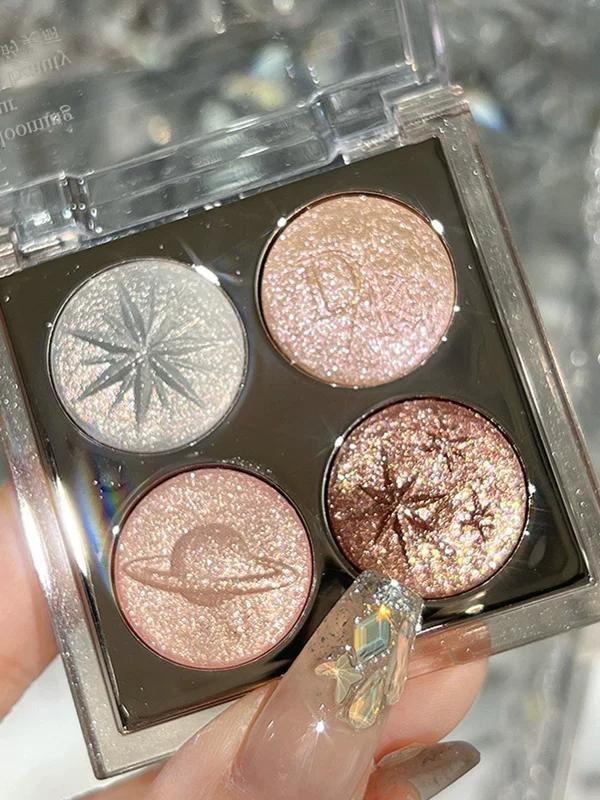 Four-Color Pearlescent Flash Eye Shadow Plate 2025 New Arrival Shiny Crystal Earth Color Purple Highlight Brightening Eye Makeup Fine Glitter