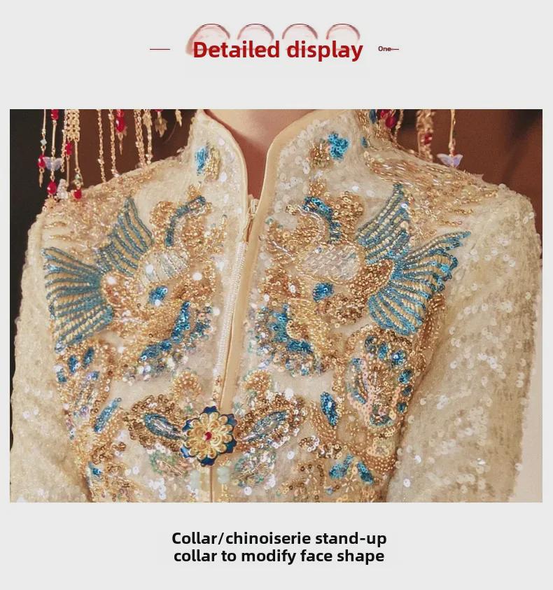 Xiuhefu Elegantní letní 2025 šampaňské čínské svatební šaty s designem draka a fénixe