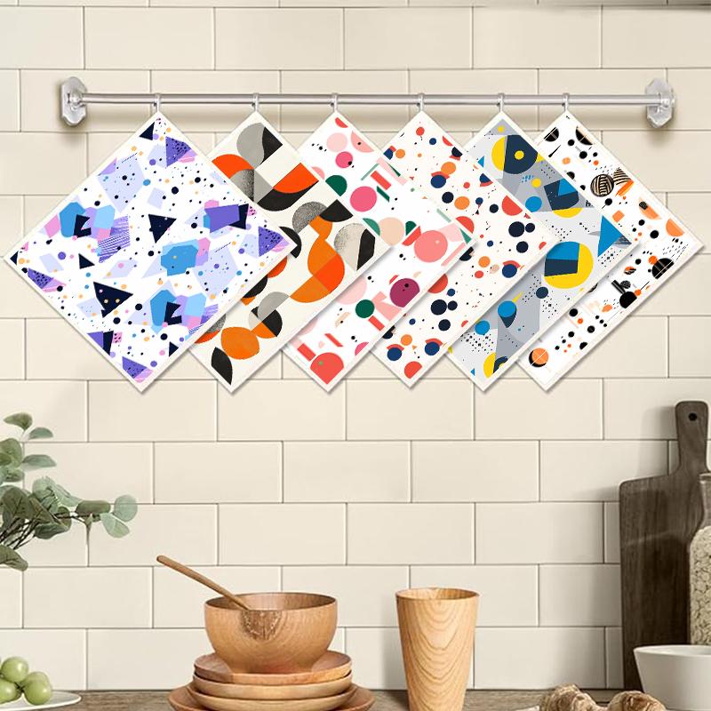 6PCS Swedish Dishcloths Biodegradable Eco-Friendly Dish Rags Reusable Absorbent Kitchen Washable Cleaning Cloths Geometry Pattern Dish Towels