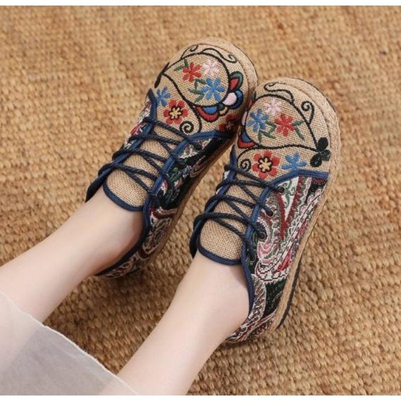 Fashion Women Shoes  Round Head Cotton Linen Canvas Single National Woven Round Toe Lace Up Cloth Shoes Woman Flats Size 35-40