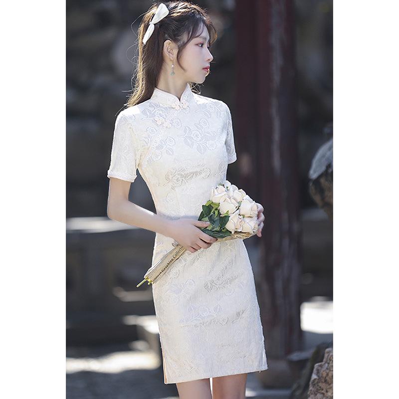 Petite White Retro Cheongsam 2025: Autumn High-End Short Dress for Girls