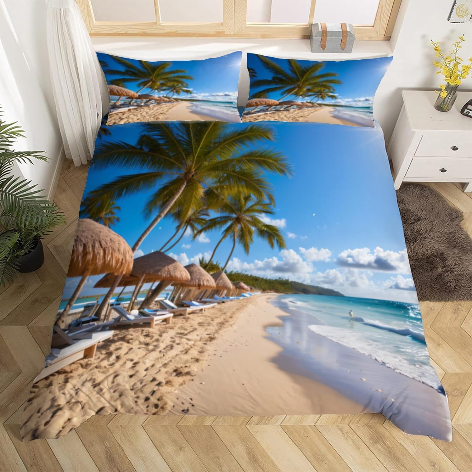 Scène de bord de mer Housse de couette King Queen Twin Paysage océanique d'Hawaï Ensemble de literie Palmiers tropicaux Coucher de soleil Housse de couette en polyester EU Single(135x200cm)