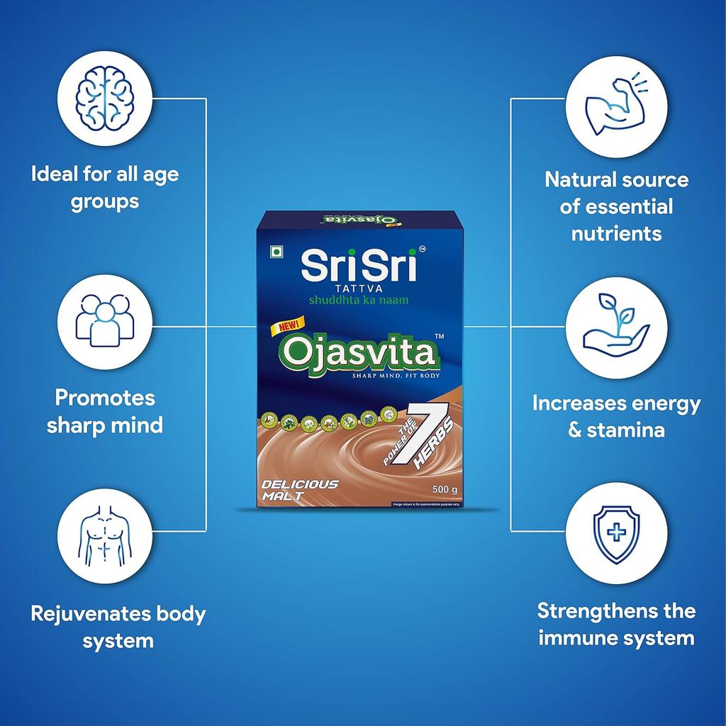 Sri Sri Tattva Ojasvita Malt Tozu İçecek Karışımı Günlük Canlılık Odak Enerji Desteği İçin 500 g X 2'li Paket