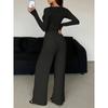 Women Two Piece Sets Sexy V-neck Long Sleeve Shirts Loose Elastic High Waist Wide Leg Pant Sets Spring Lady Tracksuits