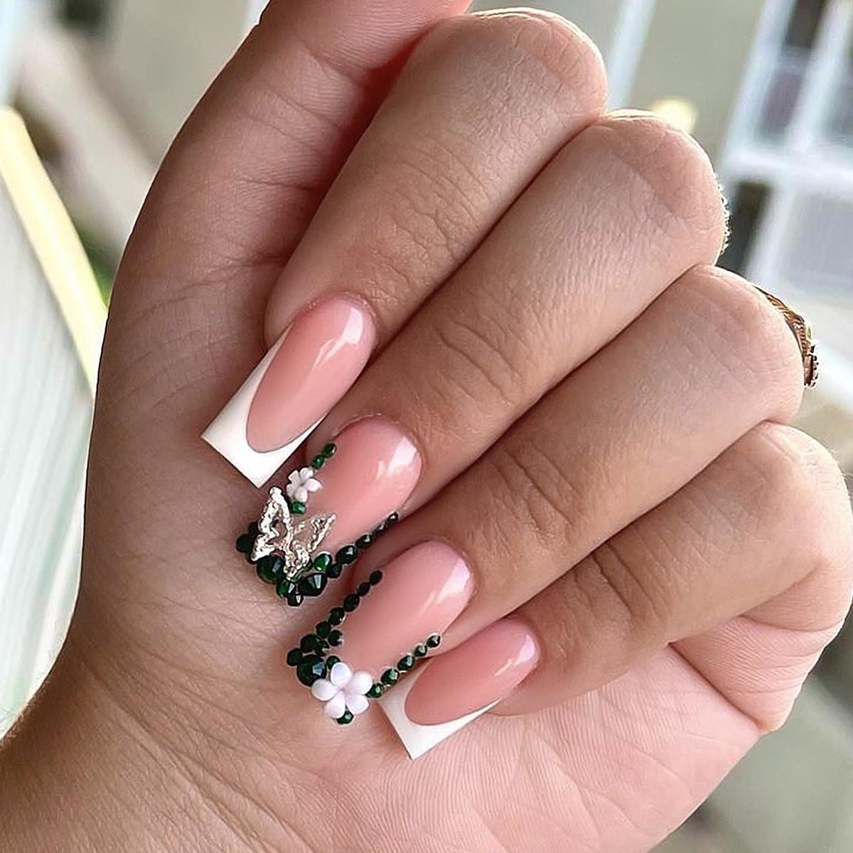 

French Handmade Emerald Butterfly Flower Nail Art
