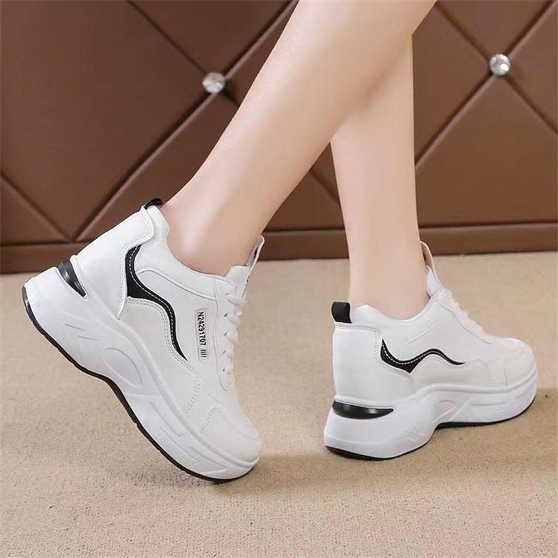 Women Spring Leather Chunky Sneakers Hidden Wedge Platform Lace Up Casual Shoes 35 чёрный