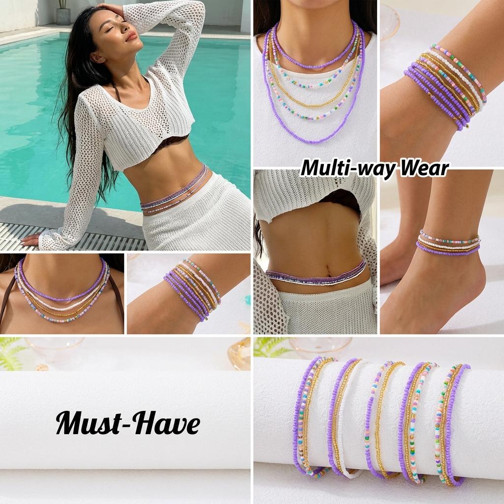 5 Stück/Set Boho Bunte Reiskörner Taillenketten Für Frauen Sommer Strand Bikini Elastischer Bauchgürtel Taillenband Y2K Schmuck Geschenk