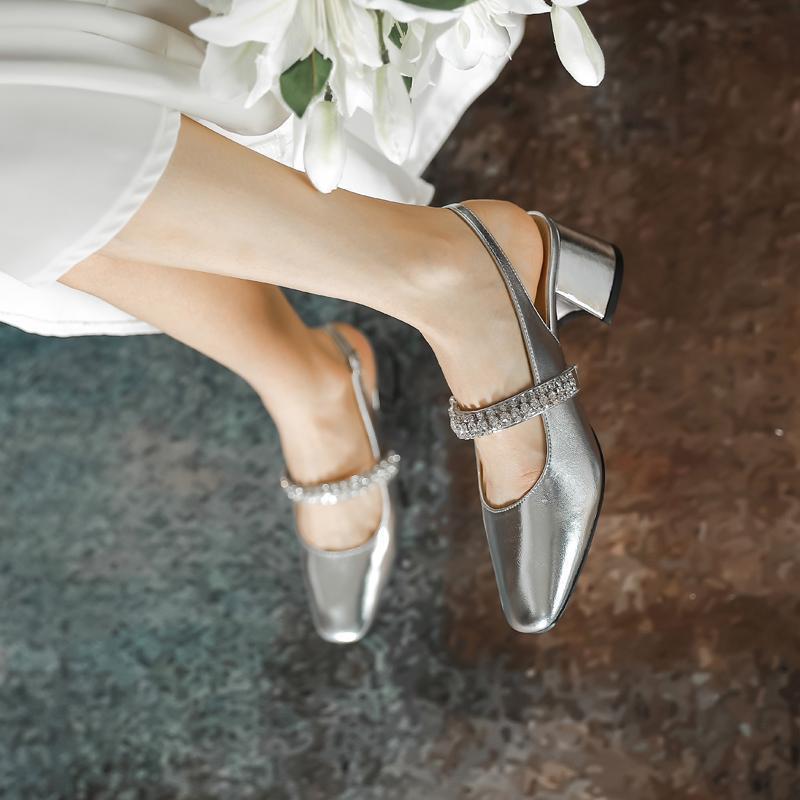 

French rhinestone rear empty Mary Jane shoes women s 2025 spring new versatile thick heel high heels retro buckle sandals 39 серебряный