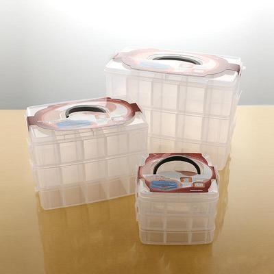 Stapelbare dreilagige tragbare Spielzeug- und Medikamenten-Organizer-Box mit transparentem Deckel