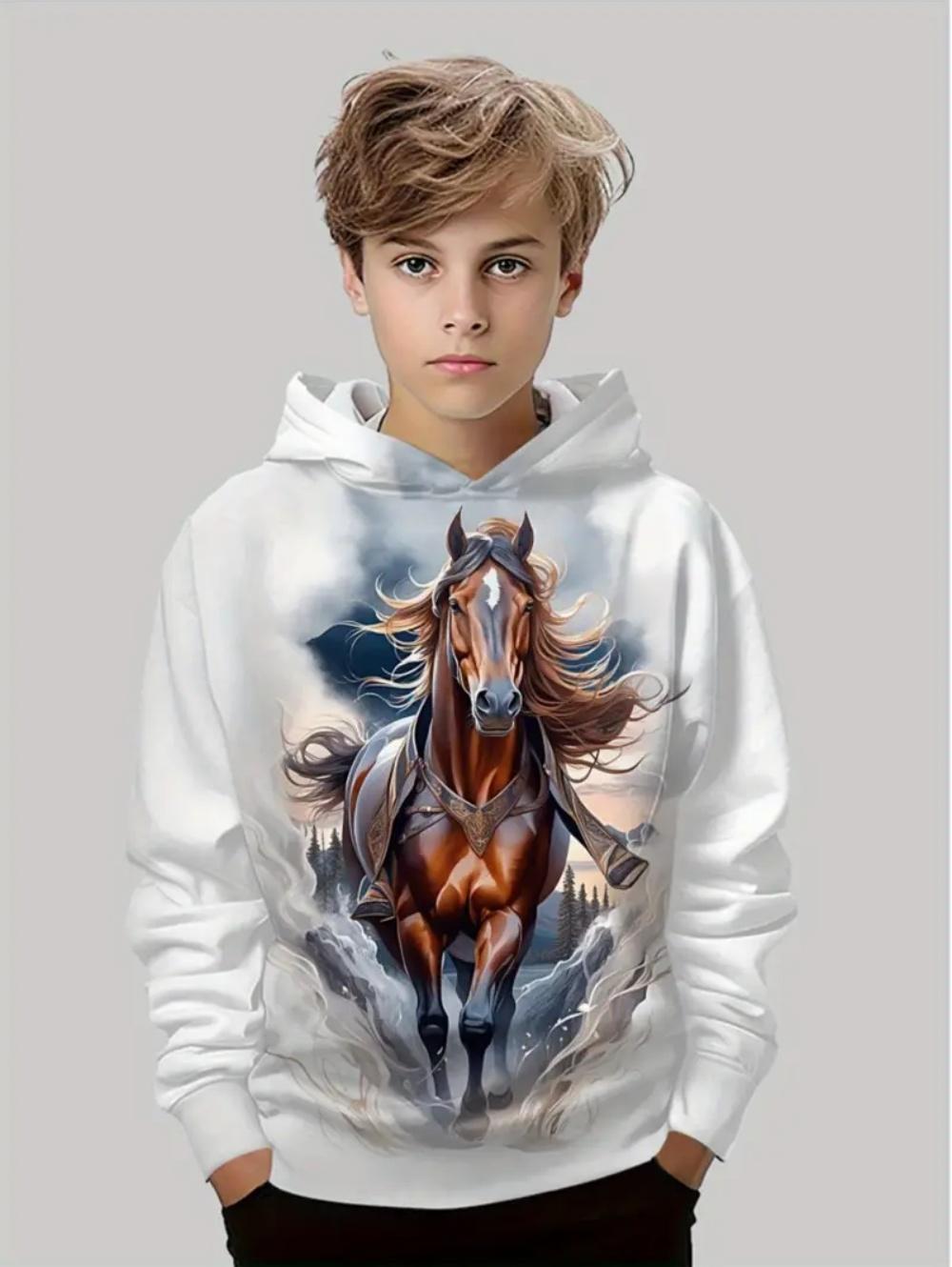 

2025 Новая детская толстовка Модный принт с лошадью 3D Принты Топы Осенний комфорт Толстовка с длинным рукавом Крутая детская одежда Мальчик 9-10Y