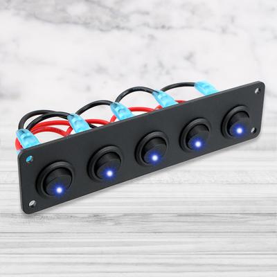 Waterproof Outlet Combination Blue LED 5 Gang Round Dash Rocker Toggle Switch Panel 12-24V for RV Boat Yacht Marine Car Marine