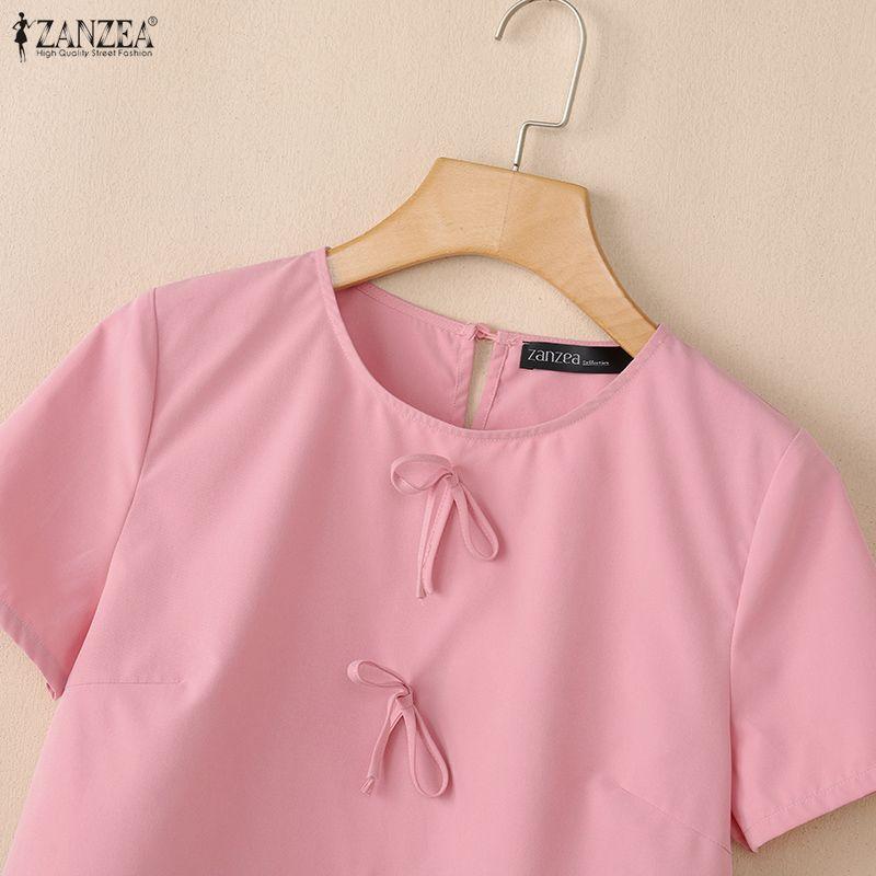 ZANZEA Women Casual Round Neck Solid Color Loose Short Sleeve Blouse