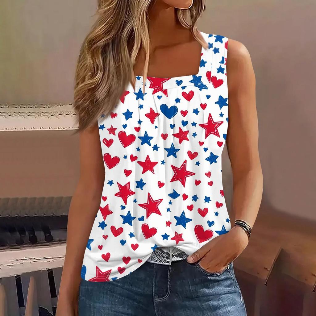 Square Collar Tank Top Women Print Tank Tee Casual Loose Fit Sleeveless Shirt