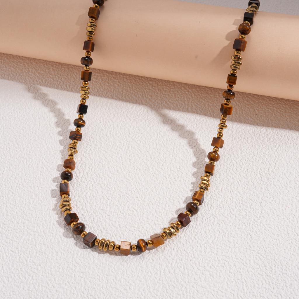 Tiger's Eye Beaded Love Mangstar Geometric Pendant Sweater Chain Maillard Wind Necklace