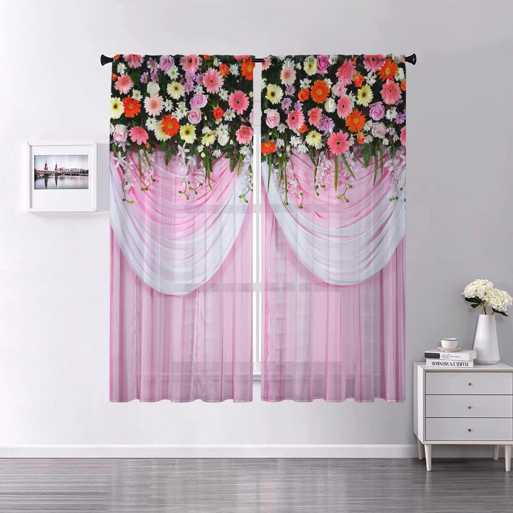 Flower Wall Voile Curtains Living Room Bedroom Decoration Transparent Chiffon Tulle Curtain Kitchen Window Treatment Sheer Polyester Sitting Decor