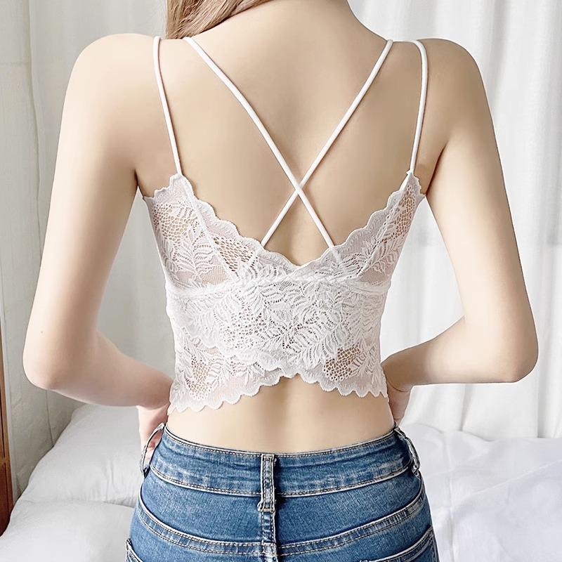 Butterfly Lace Wrap Chest Cross Strappy Tank Top with Pads - Sexy, Thin Bandeau Base Layer Lingerie for Women
