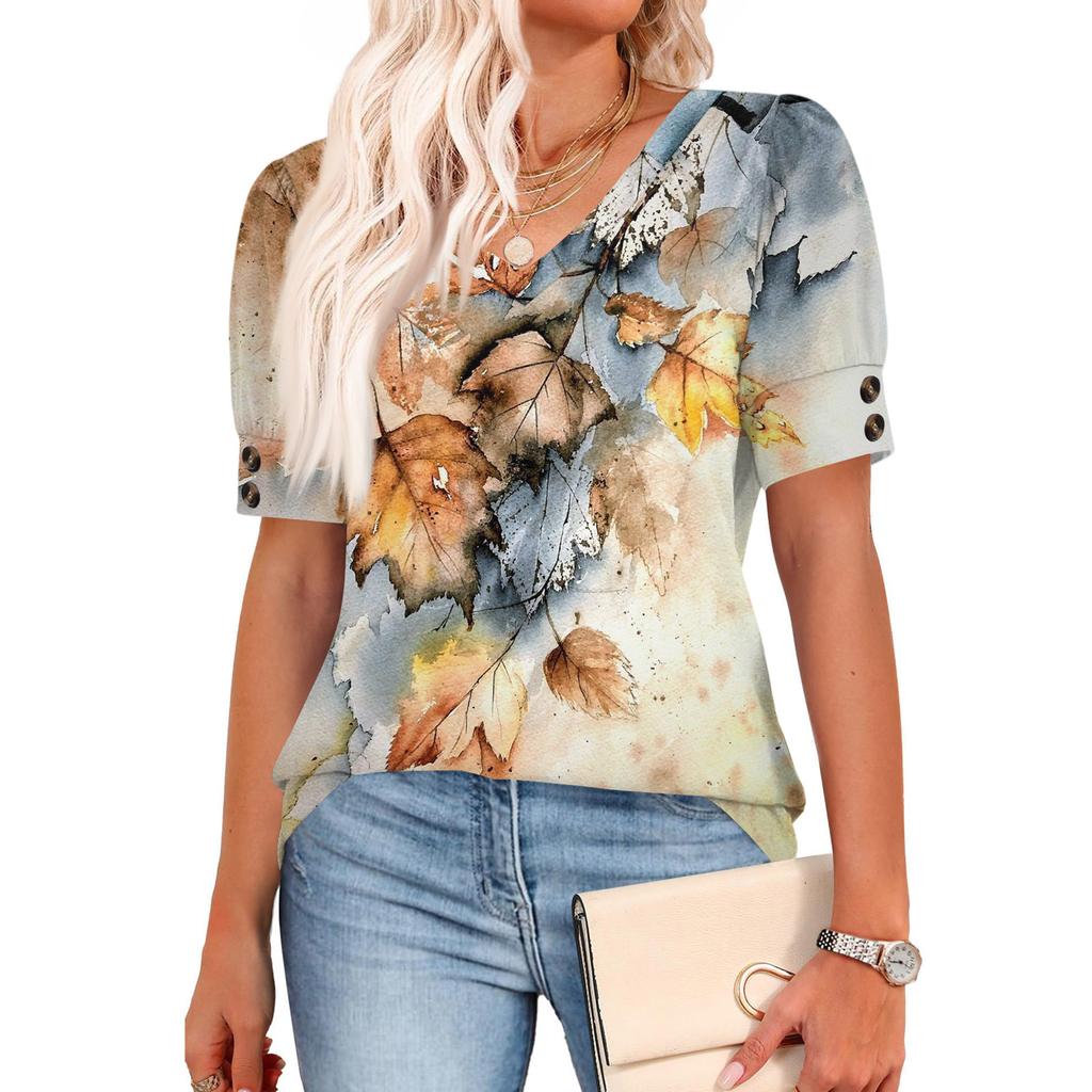 Damen Tops Kurzarmhemden Knöpfe V-Ausschnitt Mode Outfits Blusen Lässig