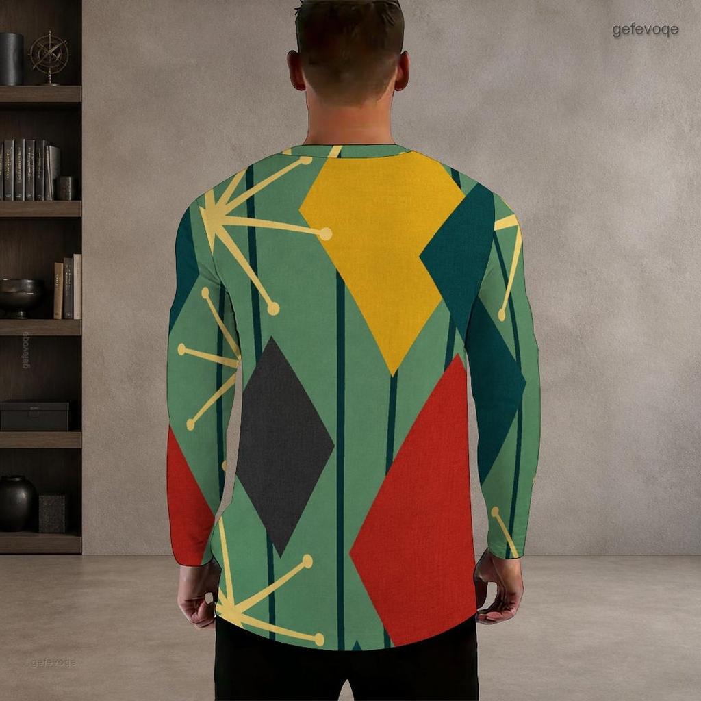 Men Plus Size Round Neck Long Sleeve Geometric Printed Blue Straight Hem T Shirt