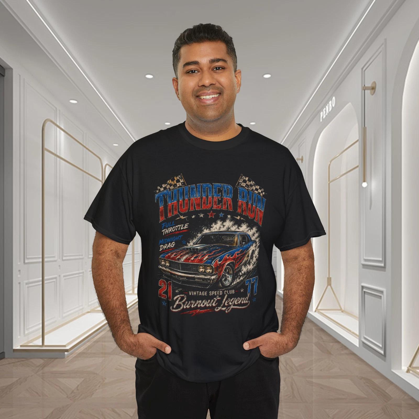 Thunder Run Muscle Car Burnout Racing Vintage Graphic T-Shirt L