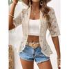 Elegant Women's Open Collar Contrast Lace Jacket - Lightweight Semi-Sheer Black & White Lace Panels, Spring Summer Fall Casual Chic Outerwear,