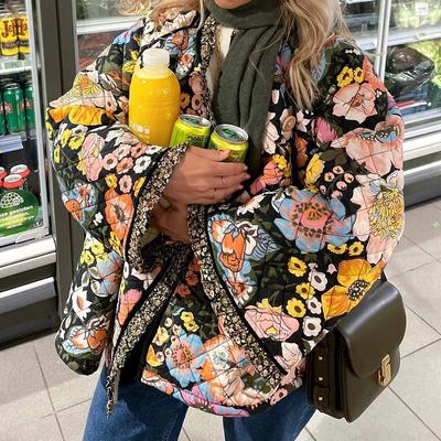 Autumn Winter Women Fleece Thick Warm Long Sleeve Quilted Jacket Women's Jacket Vintage Floral Flower Printed Coat