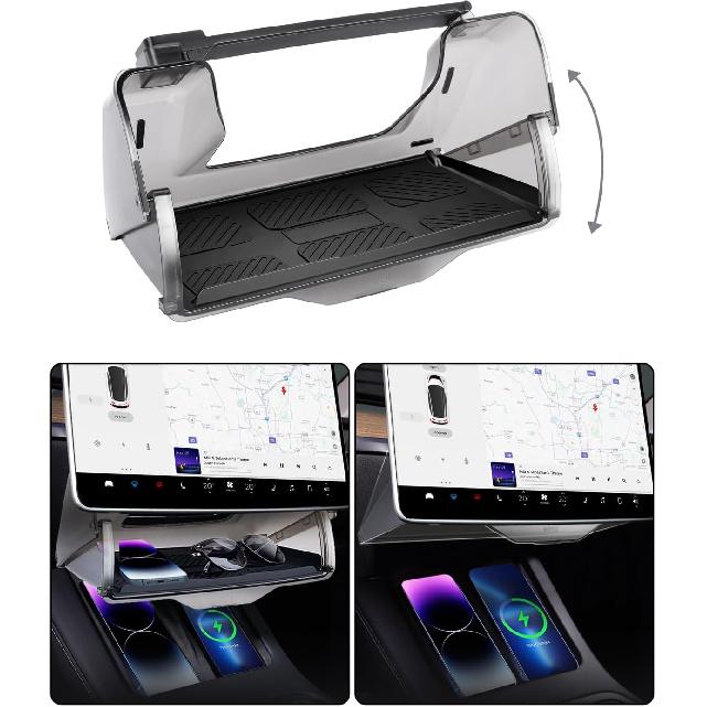 Hideable Under Screen Storage for Tesla Model Y Model 3,Center Console Organizer Tray with Black Anti-Slip Silicone Pad - Model Y 3 Accessories