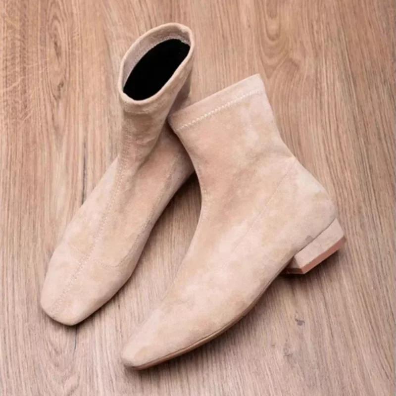 Flats Ankle Boots Suede Warm Women Shoes Winter Brand Square Toe Casual Chelsea 2025 Trend Low Heels Snow Boots Mujer Zapatos