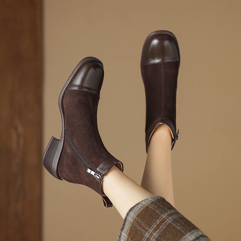 Krazing Pot Cow Skin Cow Suede Winter Square Toe Thick Heels Chelsea Fashion Boots Women Zipper Patch Work Women Ankle Boots