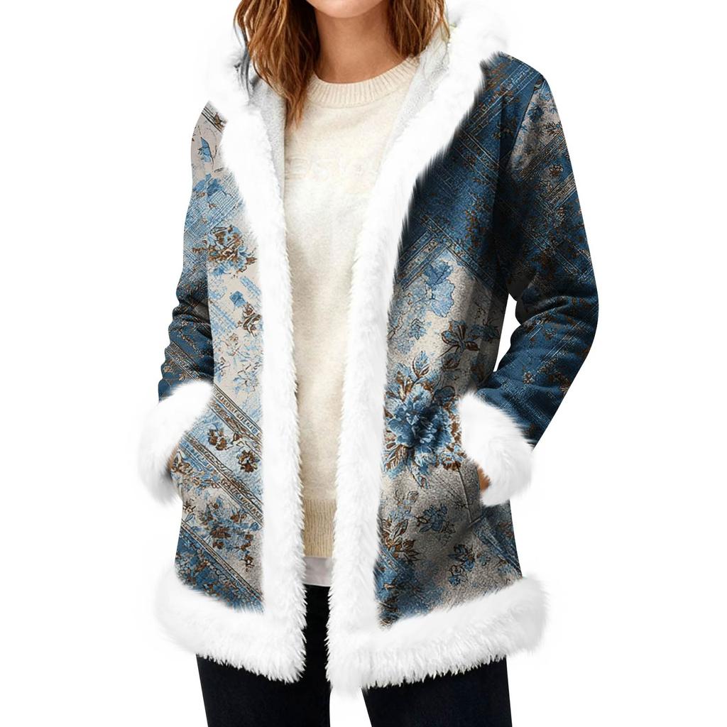 Women's Casual Fleece Hooded Cardigan With Pockets Warm Outerwear