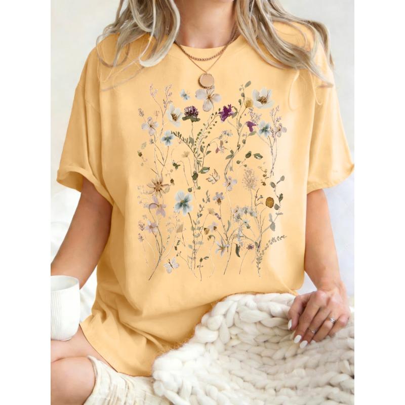 T-shirt da Donna con Stampa di Bellissimi Grappoli di Fiori Estate Oversize Manica Corta Girocollo Magliette in Cotone Y2K Top Sportivi Donna
