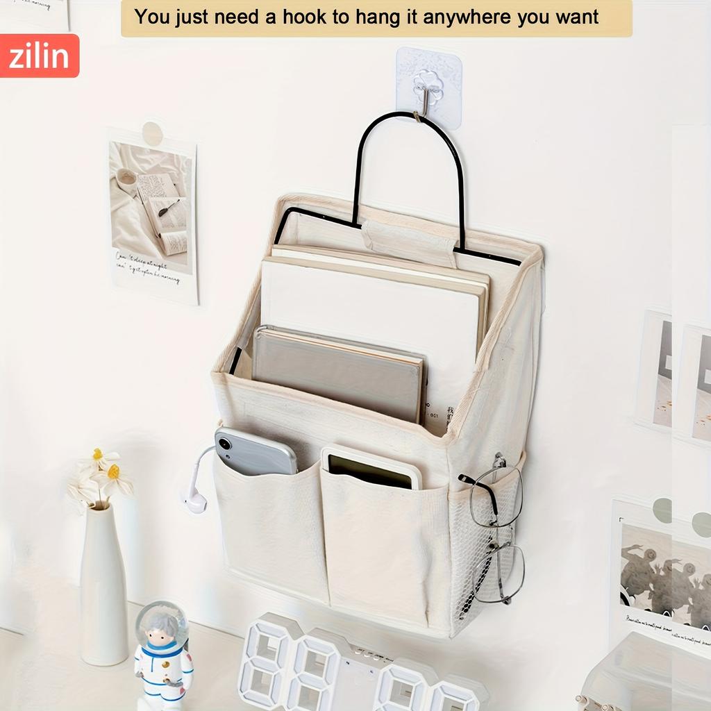 1pc Cute Wall-Mounted Storage Bag - No-Drill Fabric Organizer with Multiple Compartments, Beige & Black Design for Dorms, Homes, or Offices