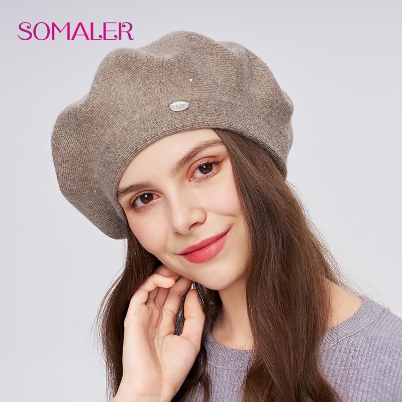 

SOMALER Зимний берет для женщин Осенний вязаный шерстяной берет Шапки с пайетками Теплый двухслойный Классический французский стиль Берет Шапка One Size коричневый