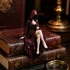 Hand Painted Resin Crafts Hooded Midnight Reader with Wine Statue, Gothic Dark Fantasy Faceless Shadow Home Decor Collectibles Figure, Sitting Mystery