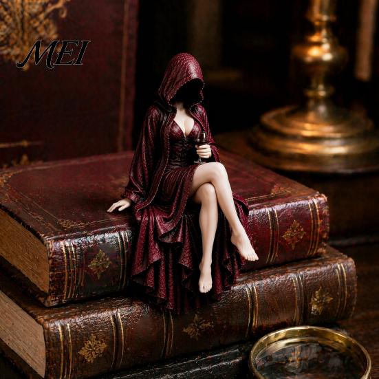 Hand Painted Resin Crafts Hooded Midnight Reader with Wine Statue, Gothic Dark Fantasy Faceless Shadow Home Decor Collectibles Figure, Sitting Mystery