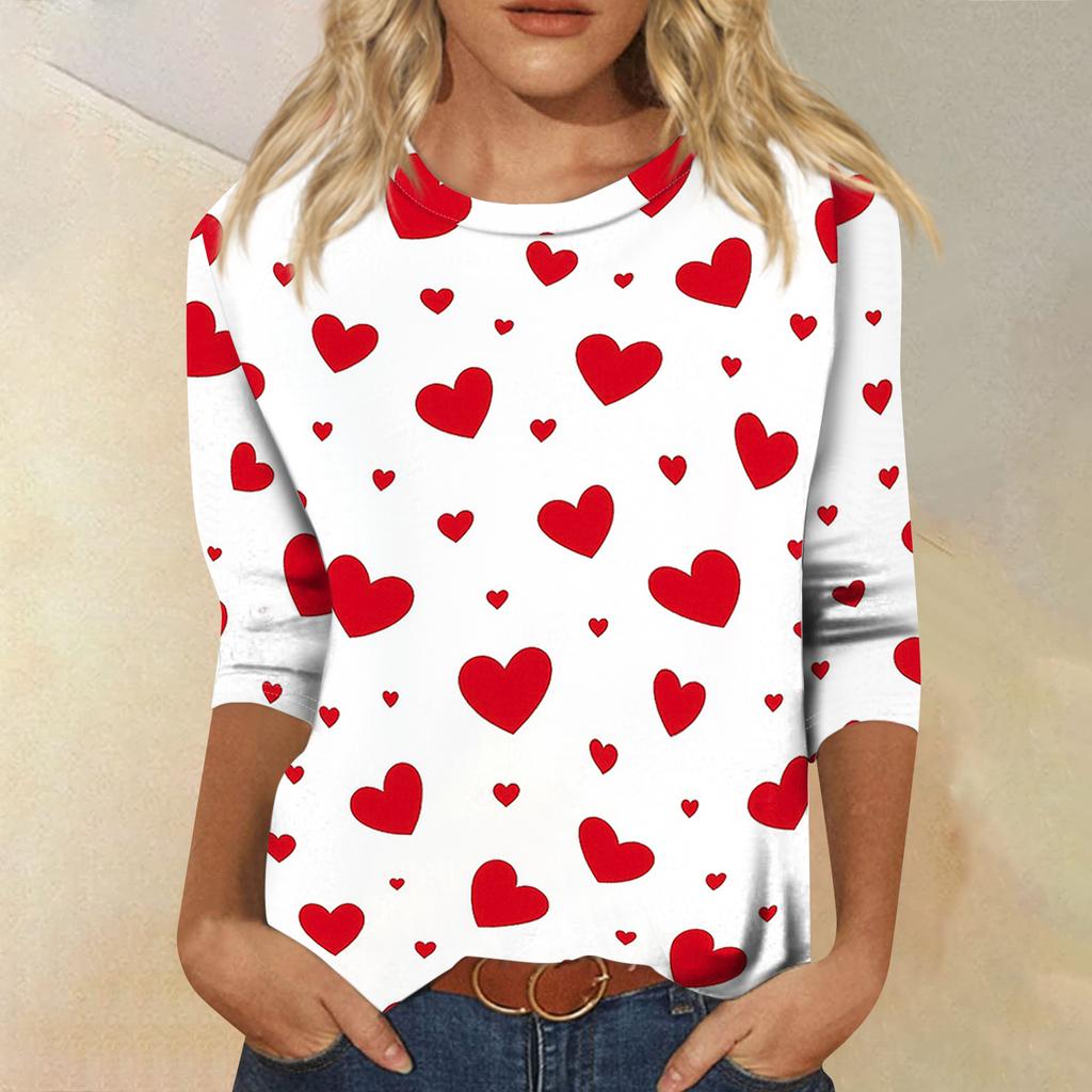 Women's Fashionable Casual Three-quarter Sleeve Valentine's Day Printed Round Neck Top